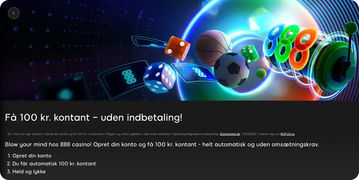 Hvad er en casino bonus uden indbetaling? Her ses et eksempel på en bonus uden indbetaling fra 888casino.