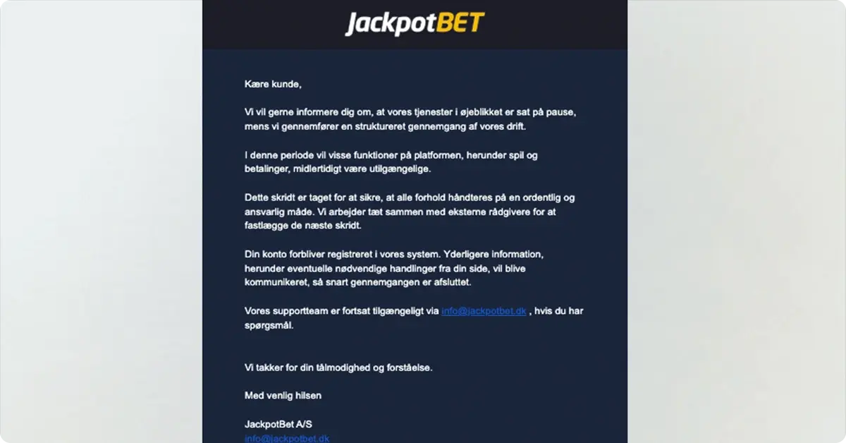 Mail sendt til spillere den 2. april