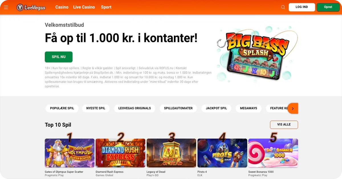 LeoVegas - 1.000 kr. i kontanter + 100 free spins