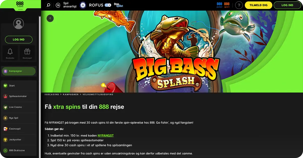 888Casino — 33 cash free spins til enten Big Bass Splash eller Big Bass Mission Fishin'