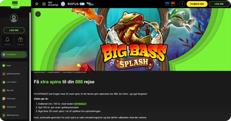 888Casino — 33 cash free spins til enten Big Bass Splash eller Big Bass Mission Fishin'
