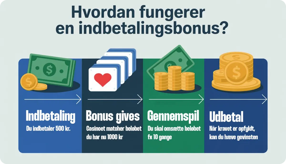 Infografik på dansk, der forklarer hvordan en indbetalingsbonus fungerer hos online casinoer. Illustrationen viser fire trin: 1) Indbetaling – spilleren indbetaler 500 kr., 2) Bonus gives – casinoet matcher beløbet, så kontoen nu har 1.000 kr., 3) Gennemspil – det samlede beløb skal omsættes fx 10 gange, og 4) Udbetaling – når kravene er opfyldt, kan gevinsten udbetales. Designet i farverne blå, grøn og gul med ikoner af penge og spillekort. Bruges til at forklare casino indbetalingsbonus og gennemspilskrav på en enkel måde.