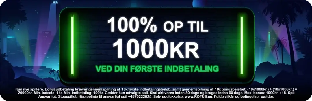 Mr Vegas indbetalingsbonus banner med neontekst "100% op til 1000 kr ved din første indbetaling" mod mørk baggrund