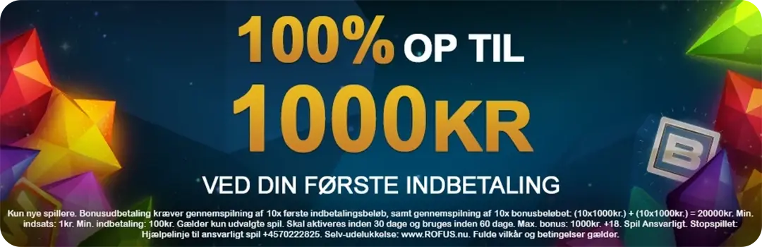 Videoslots indbetalingsbonus banner med teksten "100% op til 1000 kr ved din første indbetaling" og farverige juvelsymboler