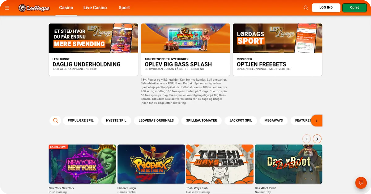 2. LeoVegas — Få 100 free spins til Big Bass Bonanza