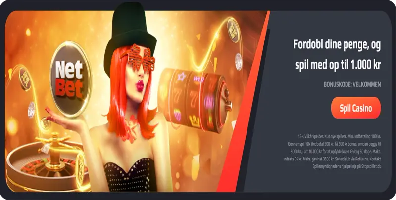 Eksempel på velkomstbonus hos NetBet, hvor nye spillere kan fordoble indbetalingen op til 1.000 kr. ved første indbetaling