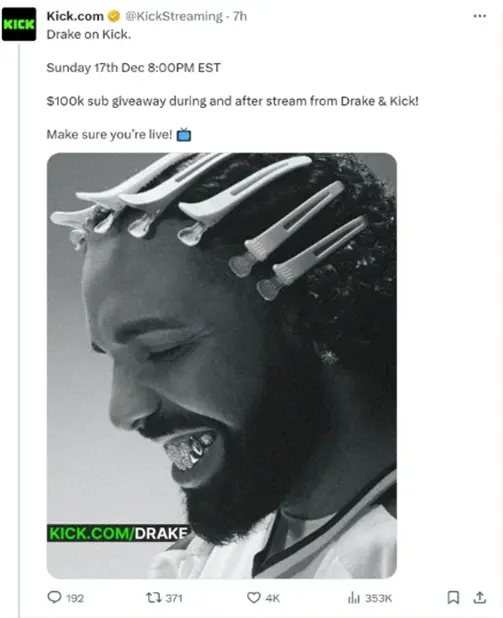 Drake indgår samarbejde med streaming platformen kick, om gambling content.