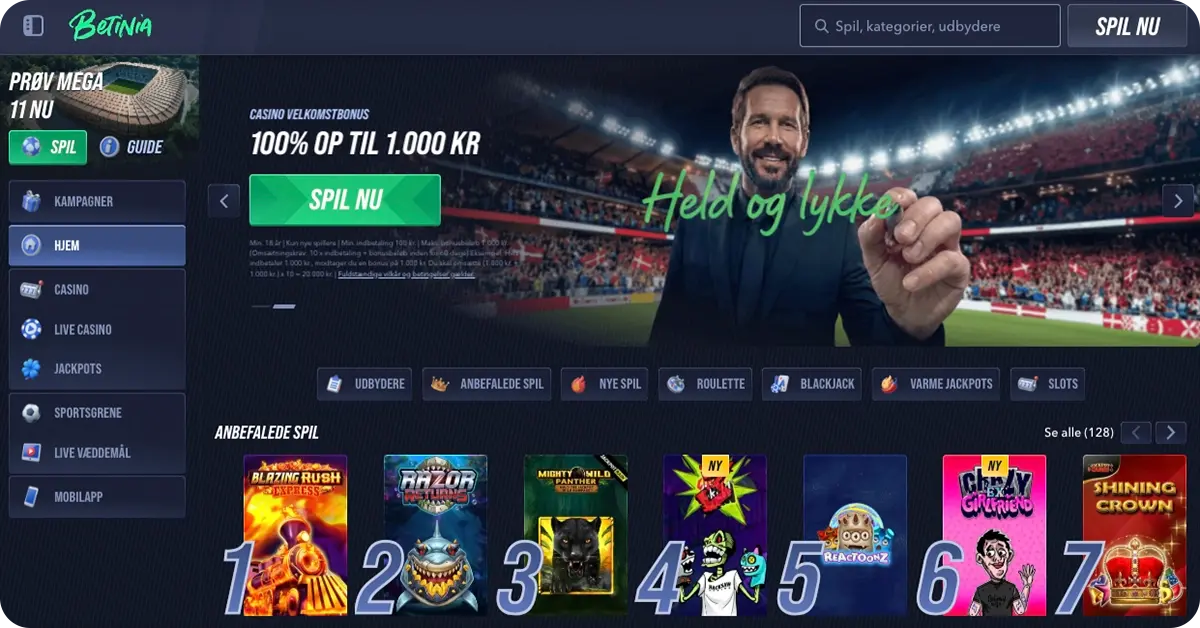 Betinia - Få 100% op til 1.000 kr. ved indbetaling