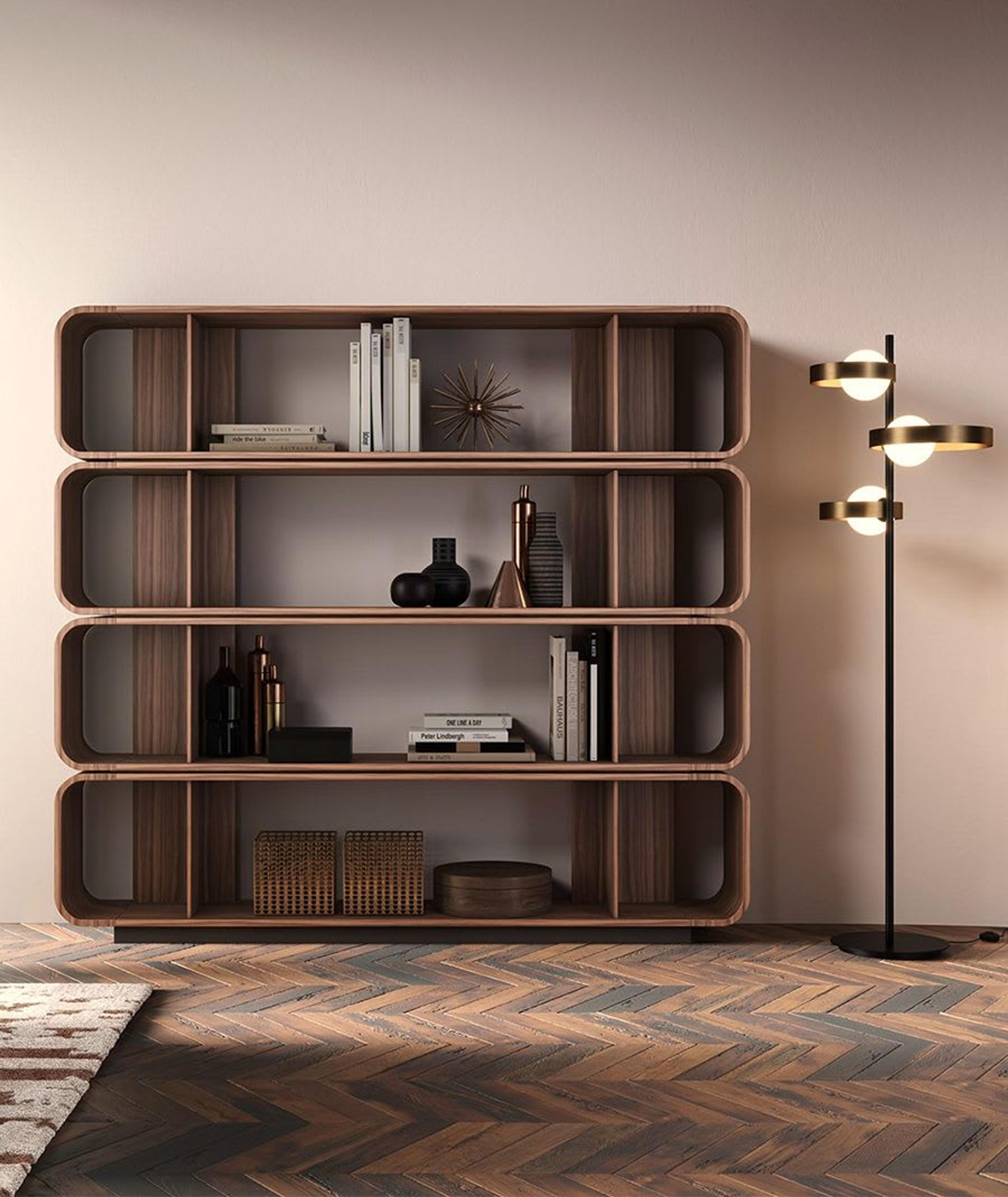 Barba Design's Round Up Bookcase, handcrafted of Canaletto walnut; a sleek, contemporary design by Manuela Pelizzon