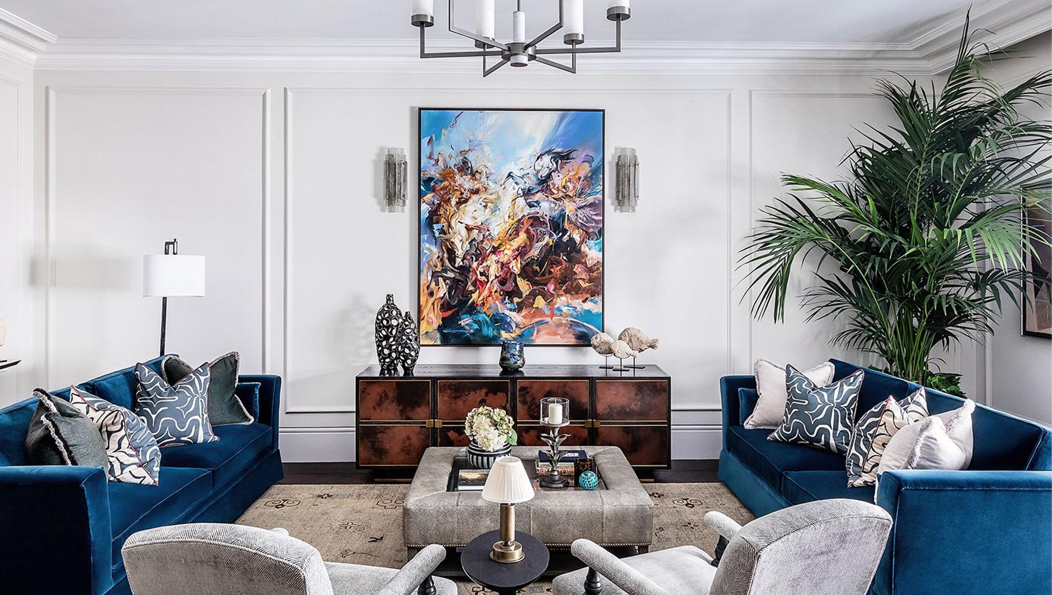 The OWO Residences, Living Room: bespoke features abound, from the plush velvet sofas to the specially commissioned art