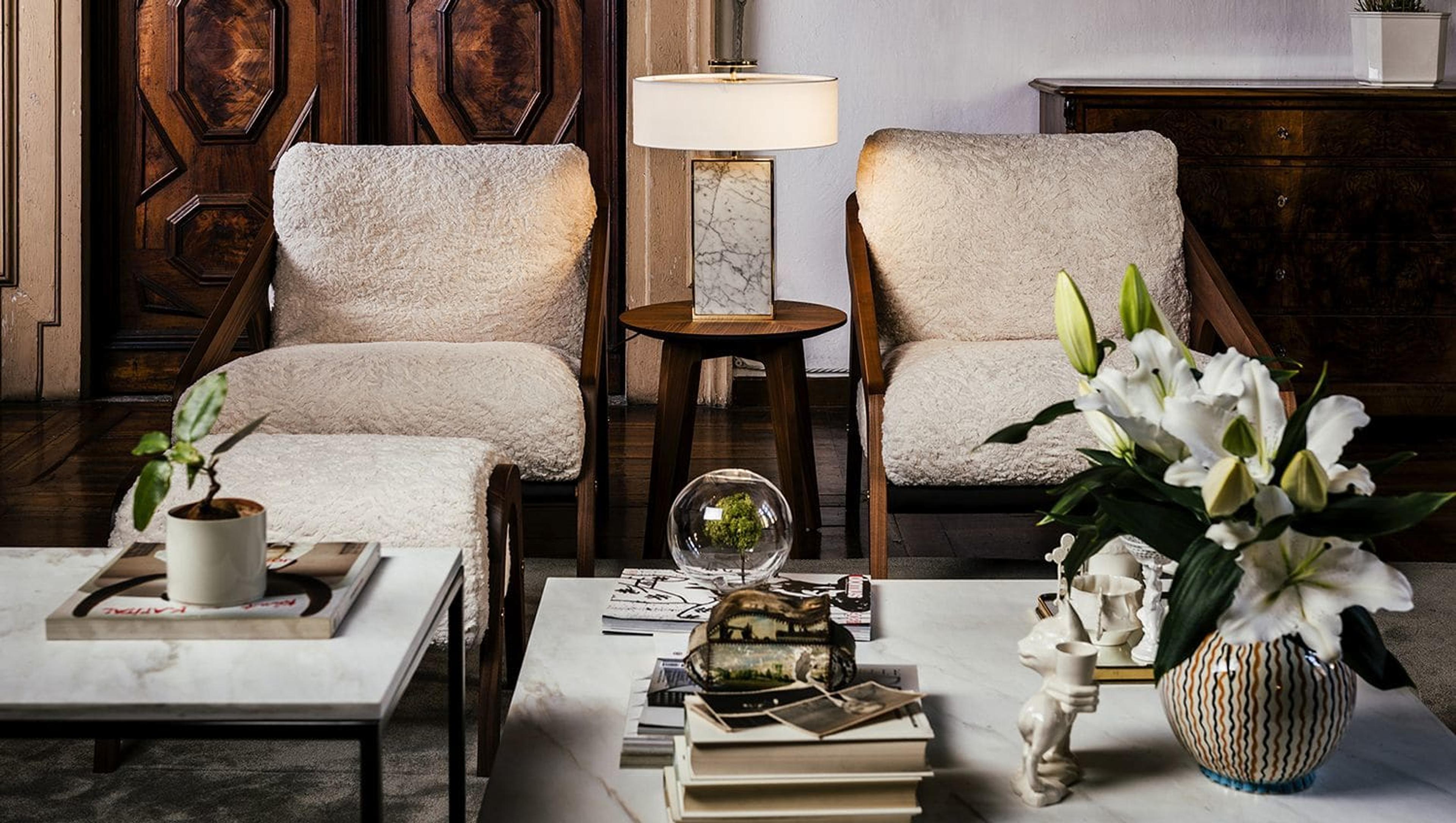 Frisé Set of White Armchair and Ottoman by Black Tie