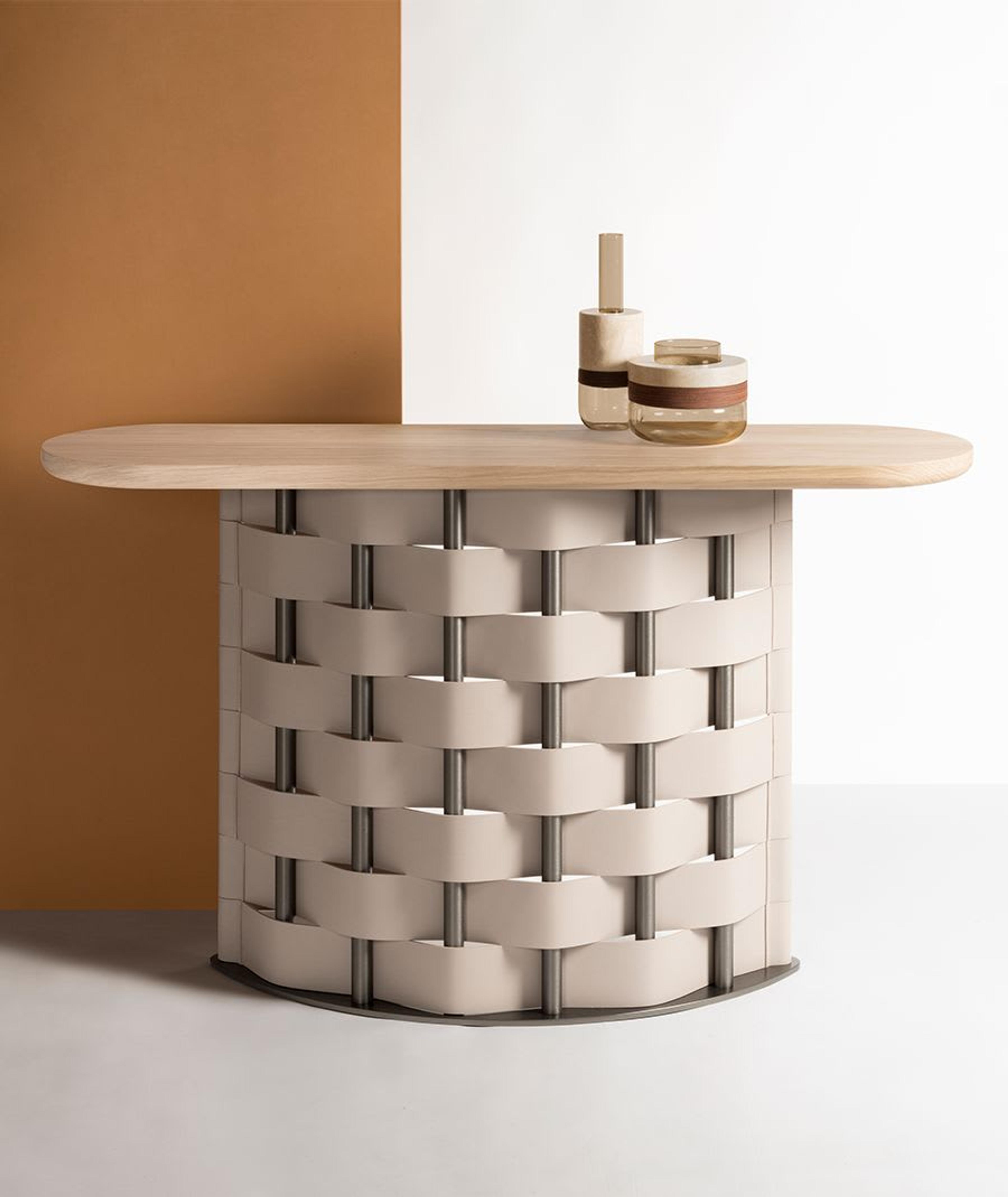 Rabitti's Belvedere Console enriched with braided natural saddle leather and a solid wood top