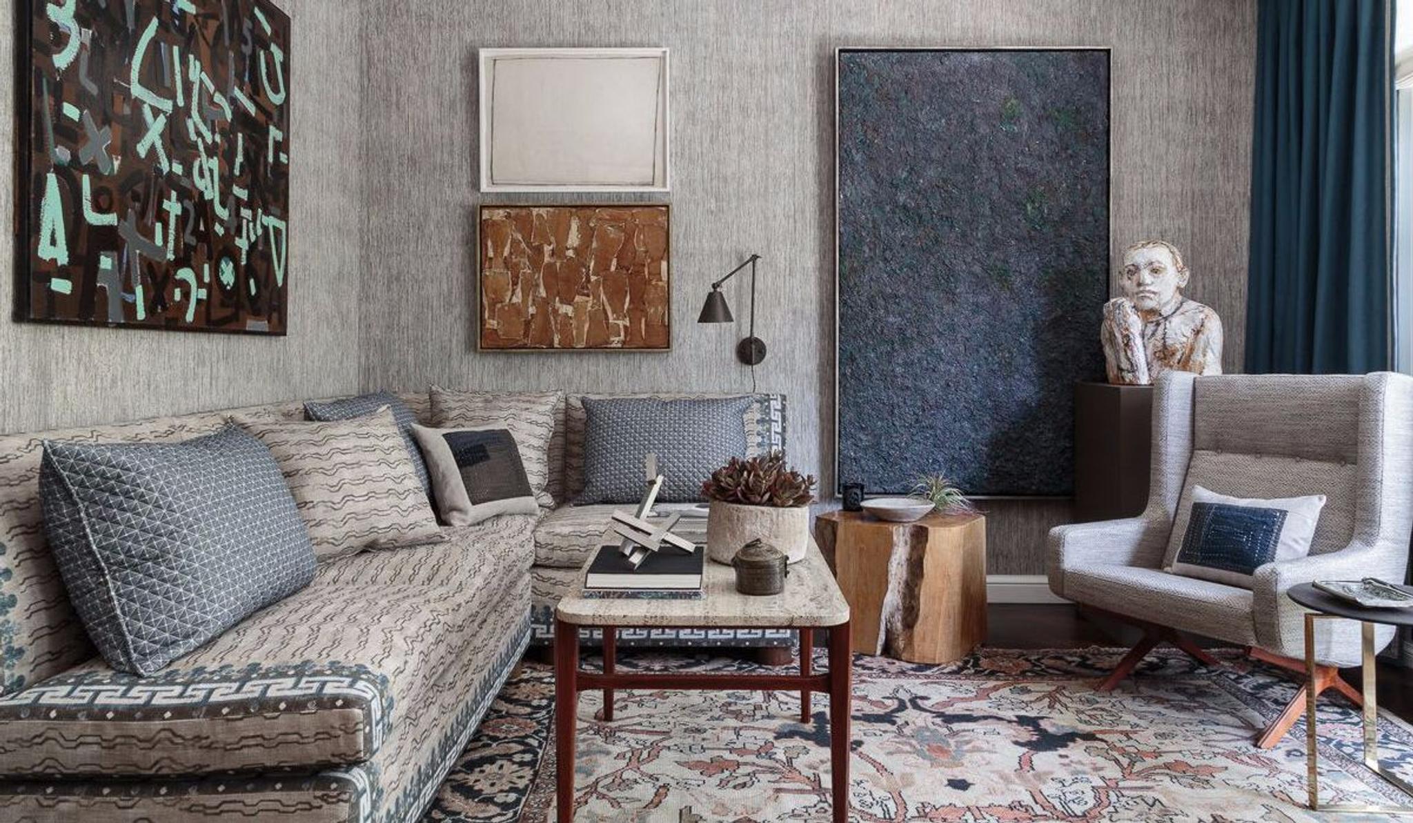 Layered textures and patterns weave a sophisticated andmasculine undercurrent into a study. Photography by David Duncan Livingston