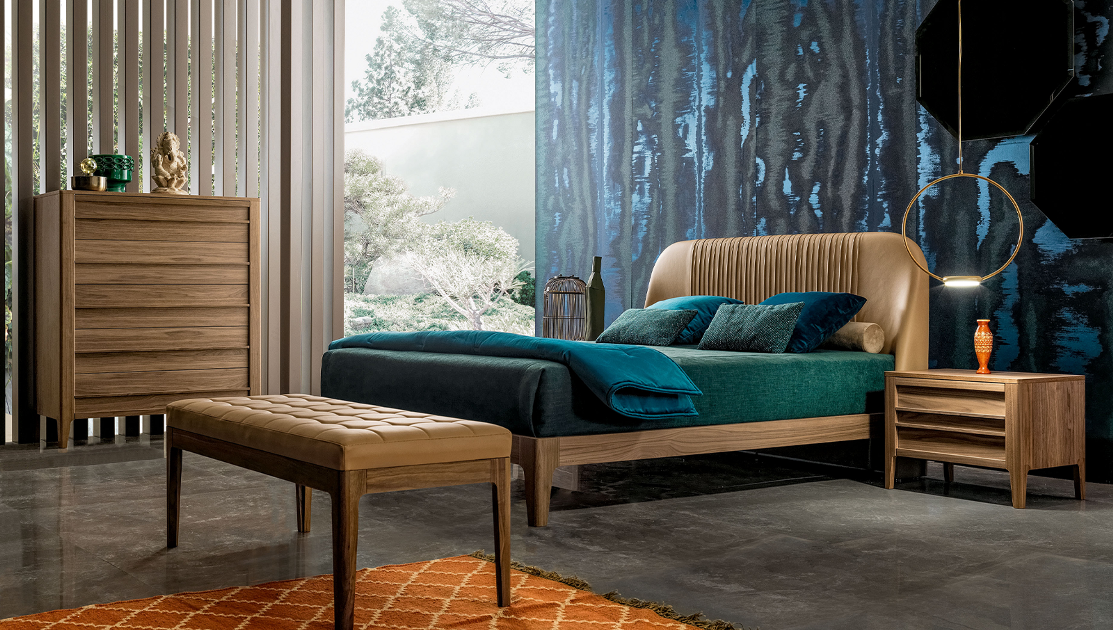 Interiors by Modo10, featuring their Alba bed, made from Canaletto wood and endowed with an upholstered leather panel