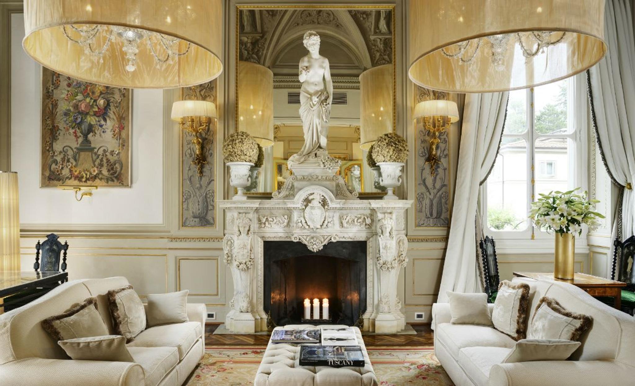 The striking neoclassical interiors of one of the fabulous salons of the luxurious Villa Cora in Florence.