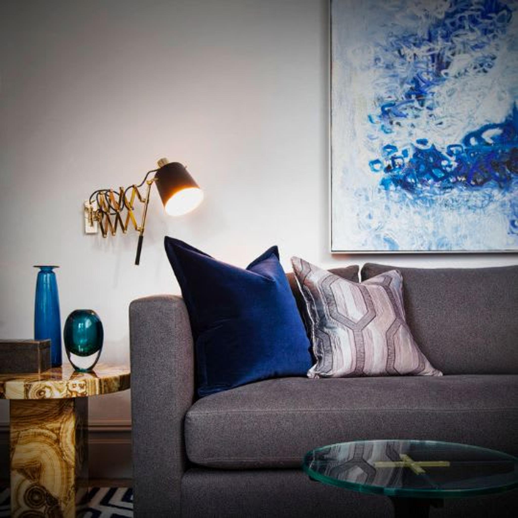Living Room: Vintage Italian reading light, custom square arm sofa, Venetian plaster wall treatment, Murano accessories