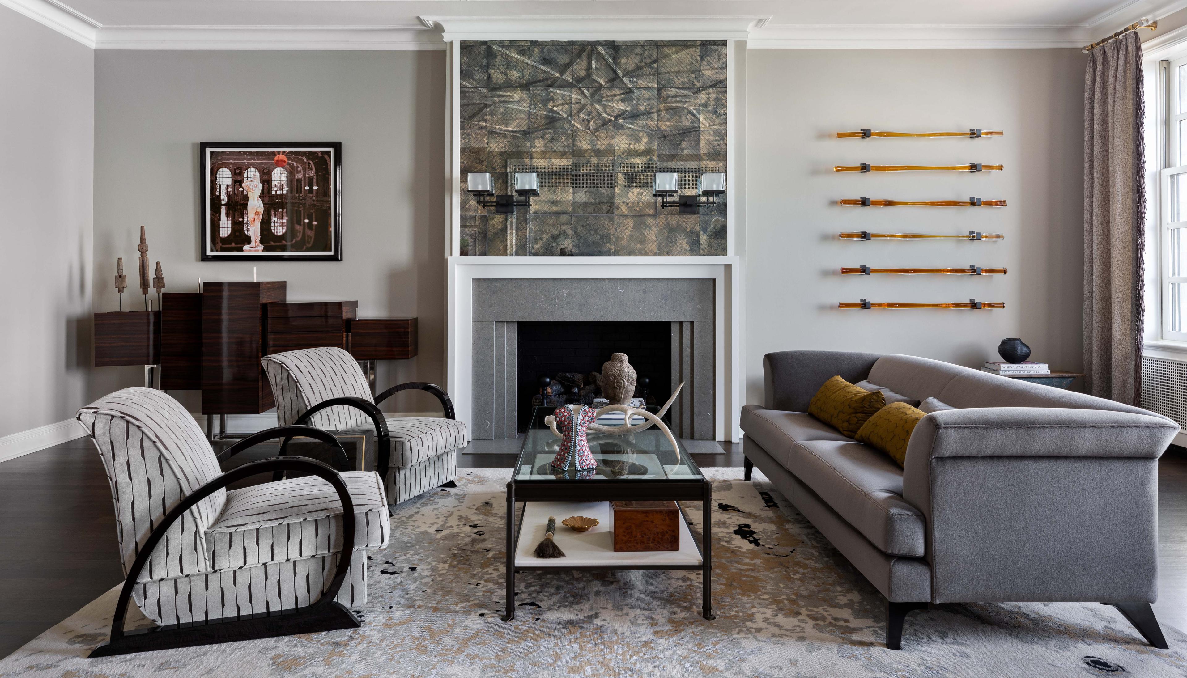 Living Room - French Moderne condo with custom plaster ceiling and sculputral furnishings