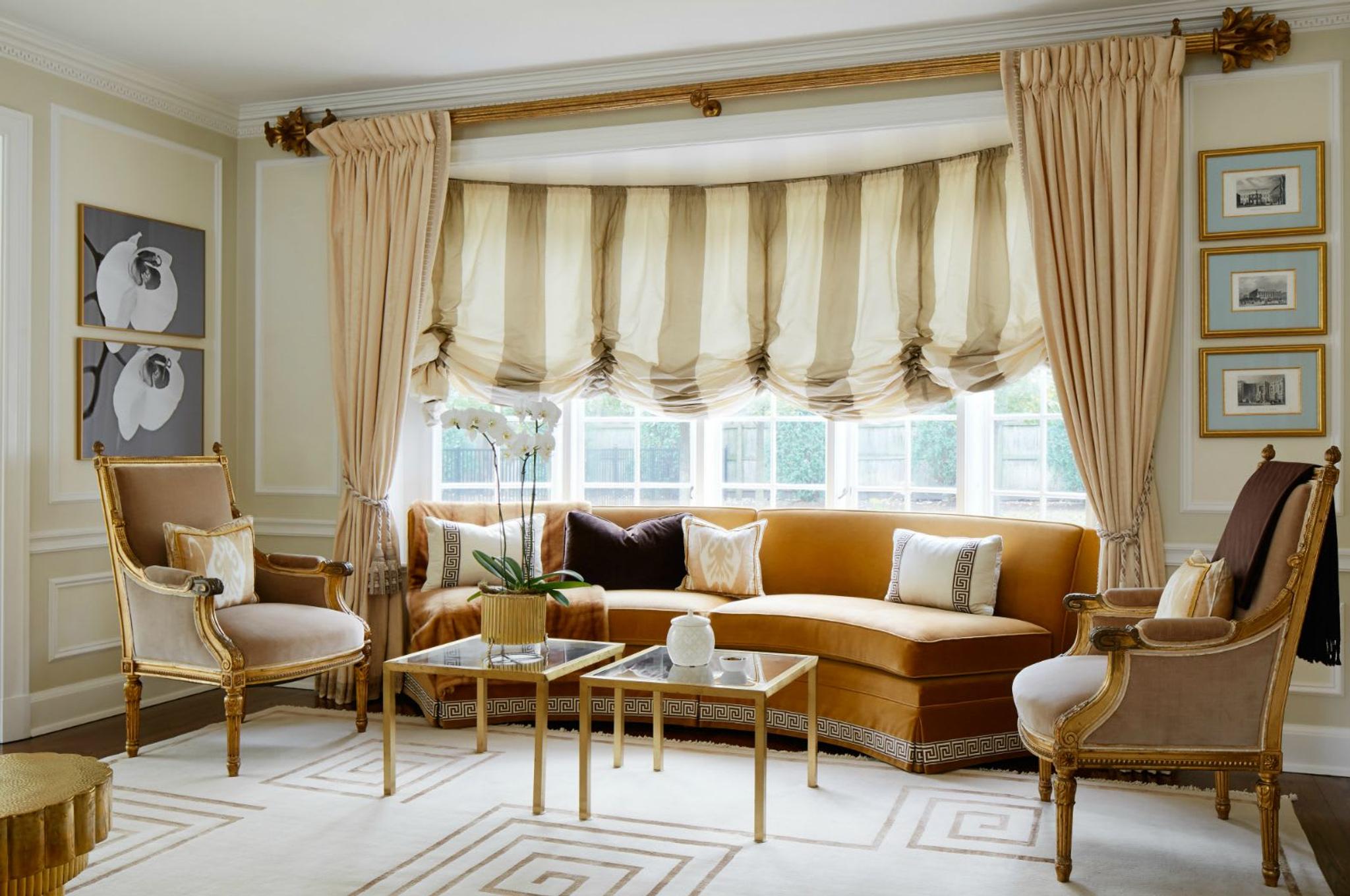 View of Shelley's home seating bow window - a luminous and airy space on the tones of gold.