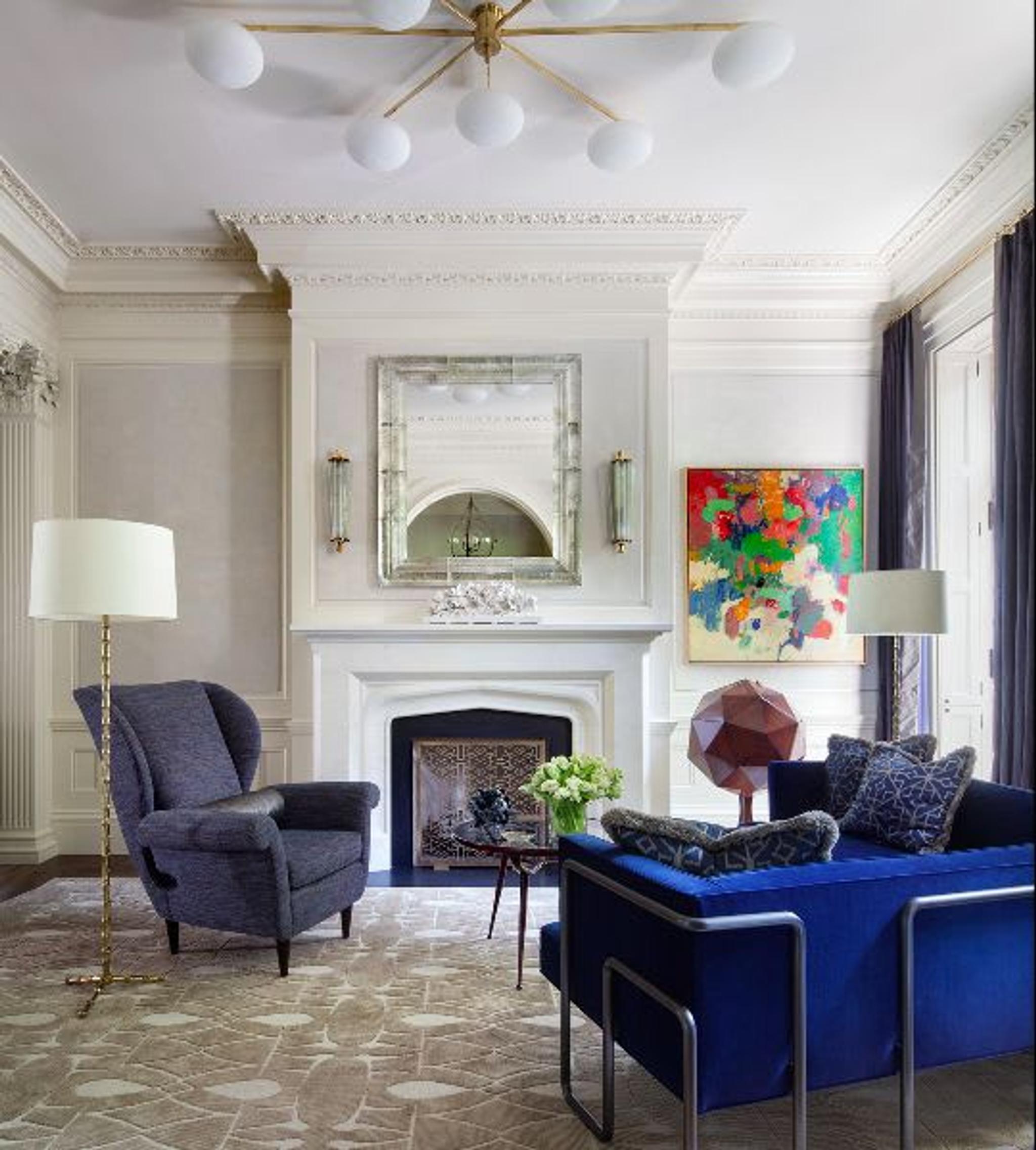 1950’s Italian wing chair, Gio Ponti coffee table, Bagues floor lamp, custom sofa