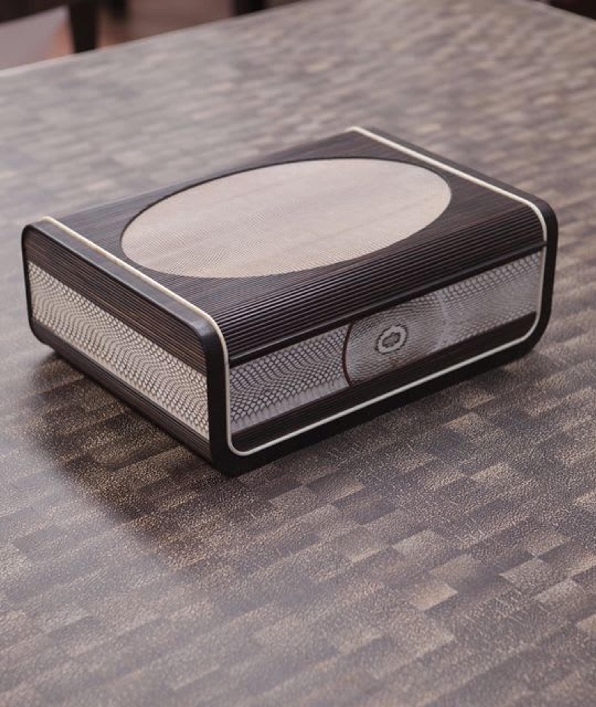 Cigar Box in ebony wood, iguana skin, snake skin and cedrela wood
