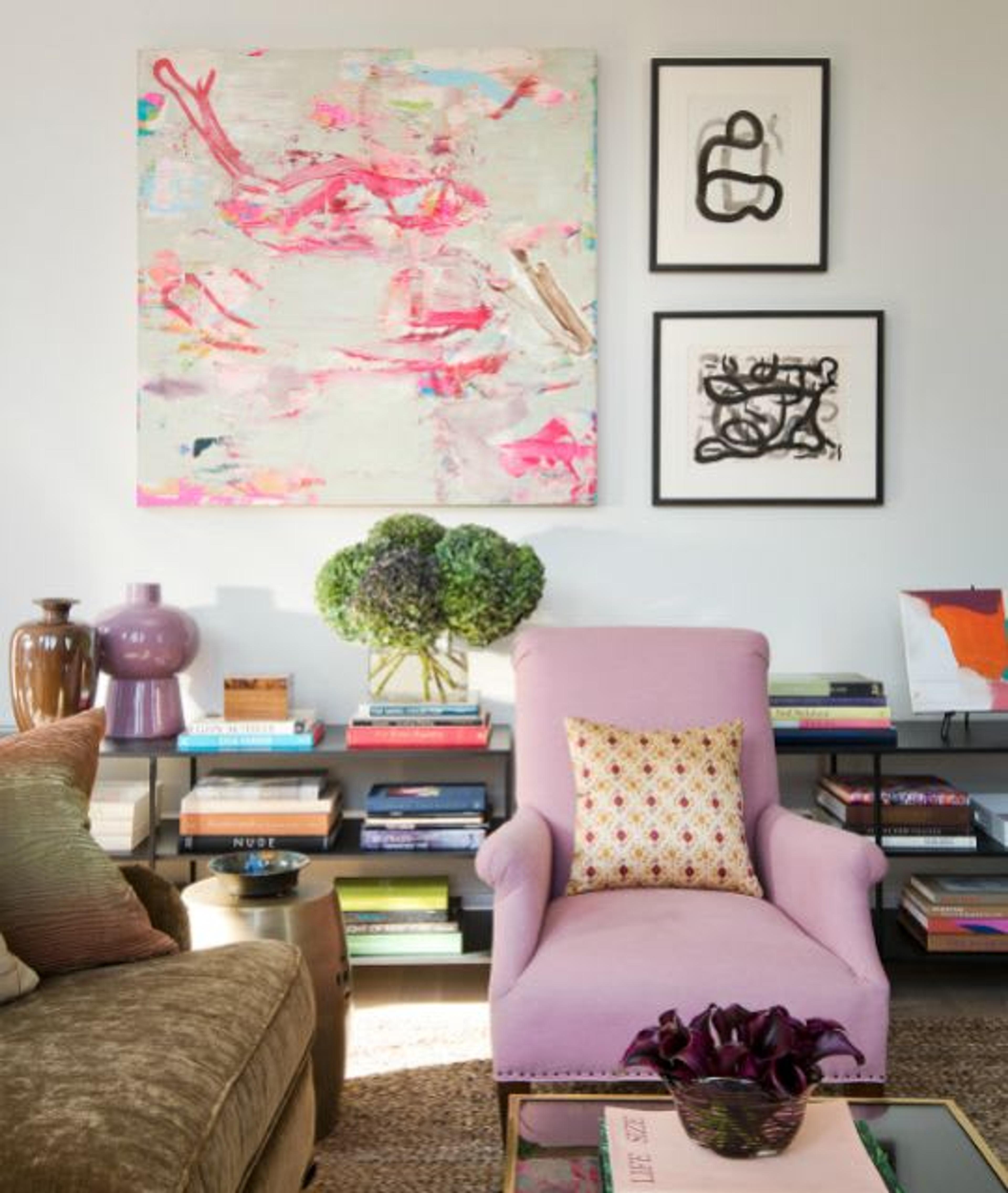 A detail showing the dynamic compositions of furniture, objects and artwork.