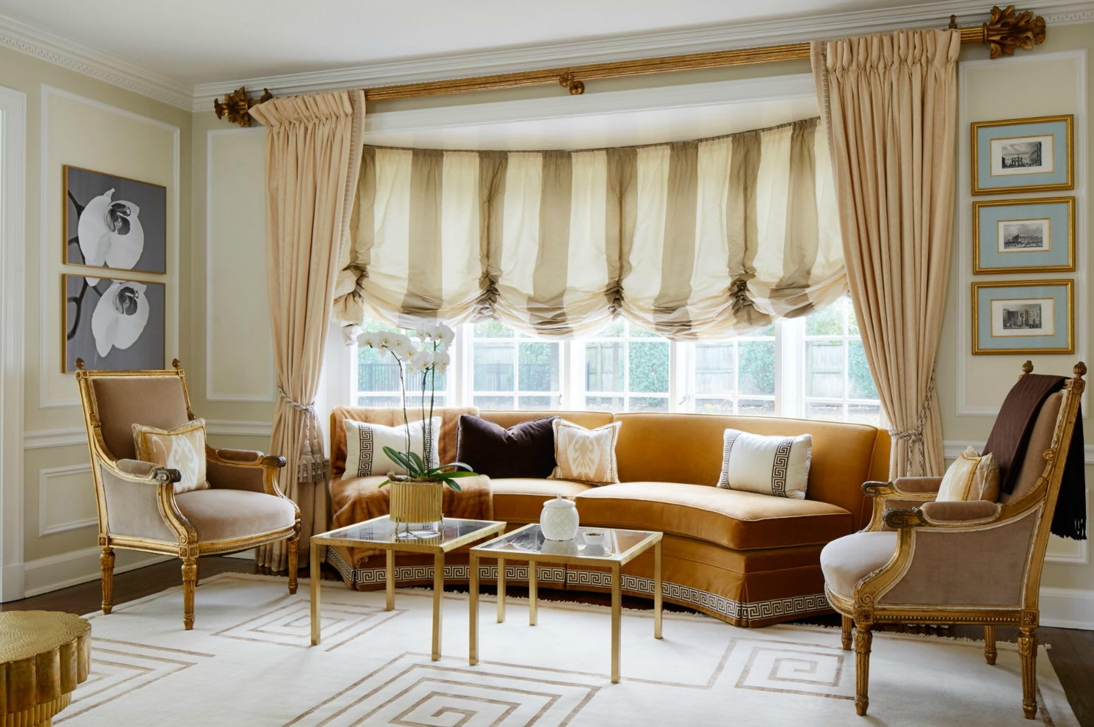 View of Shelley's home seating bow window - a luminous and airy space on the tones of gold.