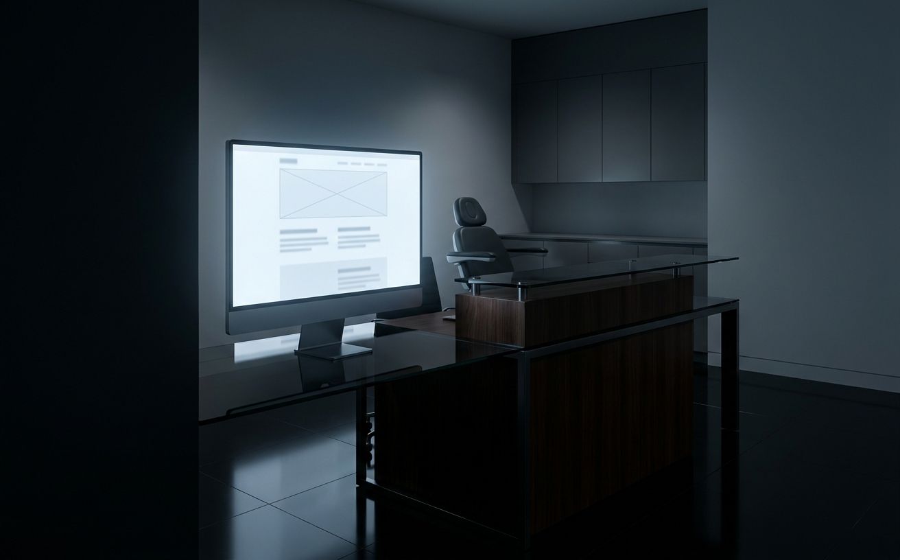 Dark clinic workspace with a glowing healthcare website wireframe on a monitor