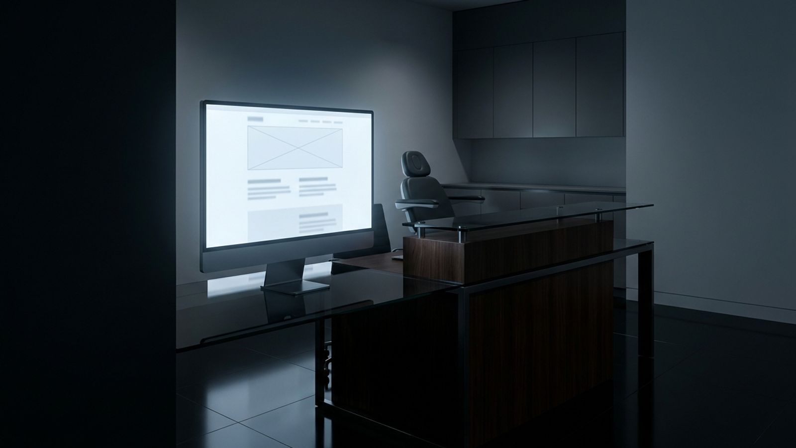 Dark clinic workspace with a glowing healthcare website wireframe on a monitor