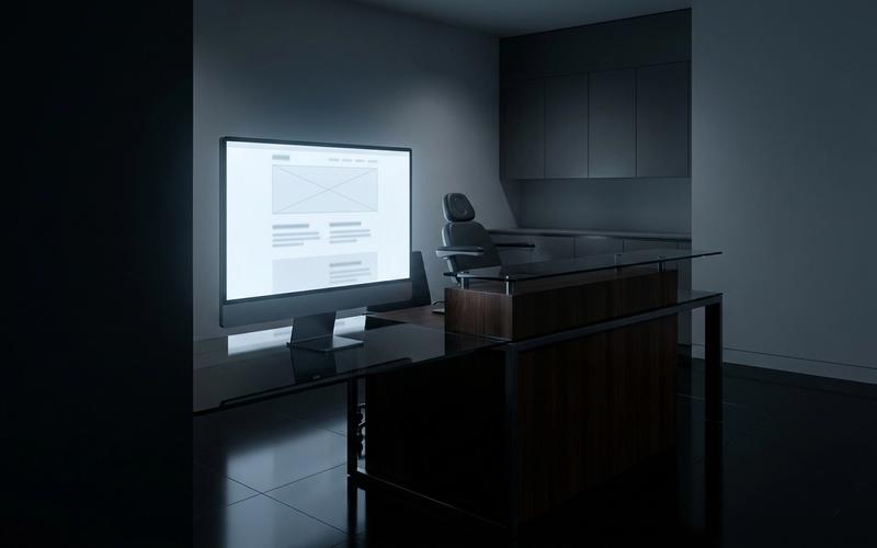 Dark clinic workspace with a glowing healthcare website wireframe on a monitor