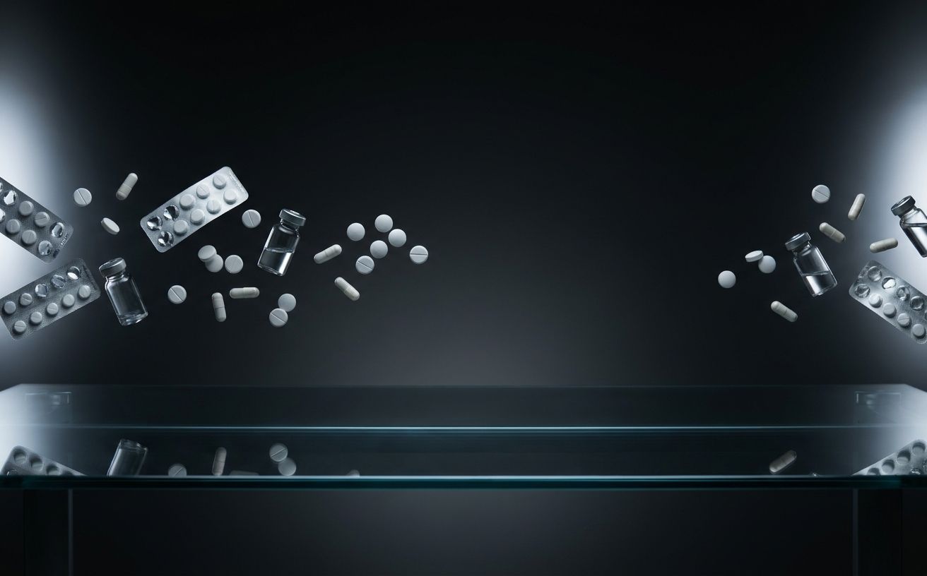 Dark editorial scene with floating medicine objects and cool studio lighting