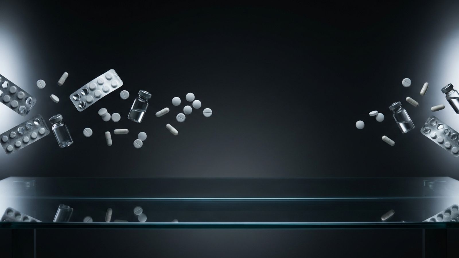 Dark editorial scene with floating medicine objects and cool studio lighting