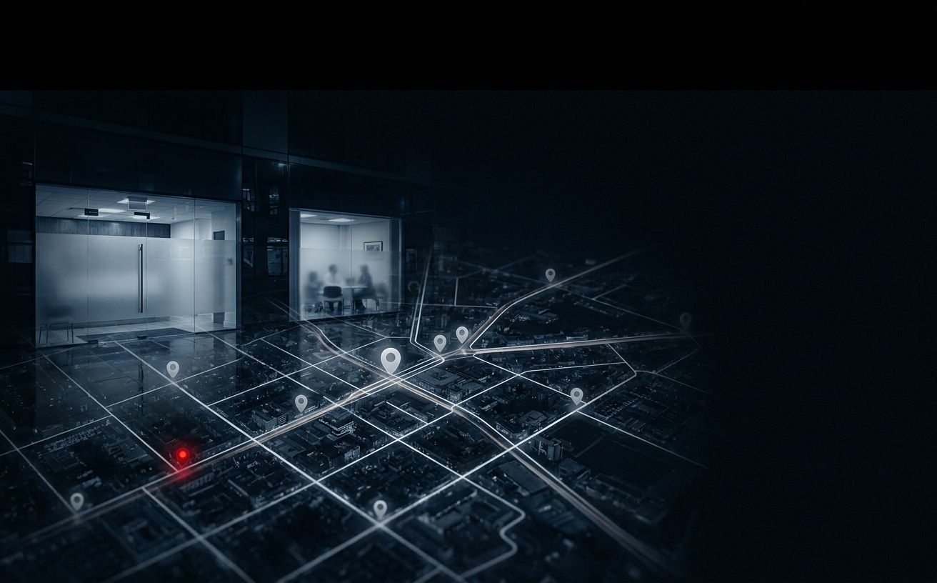 Dark city map with glowing local search location pins for medical clinics