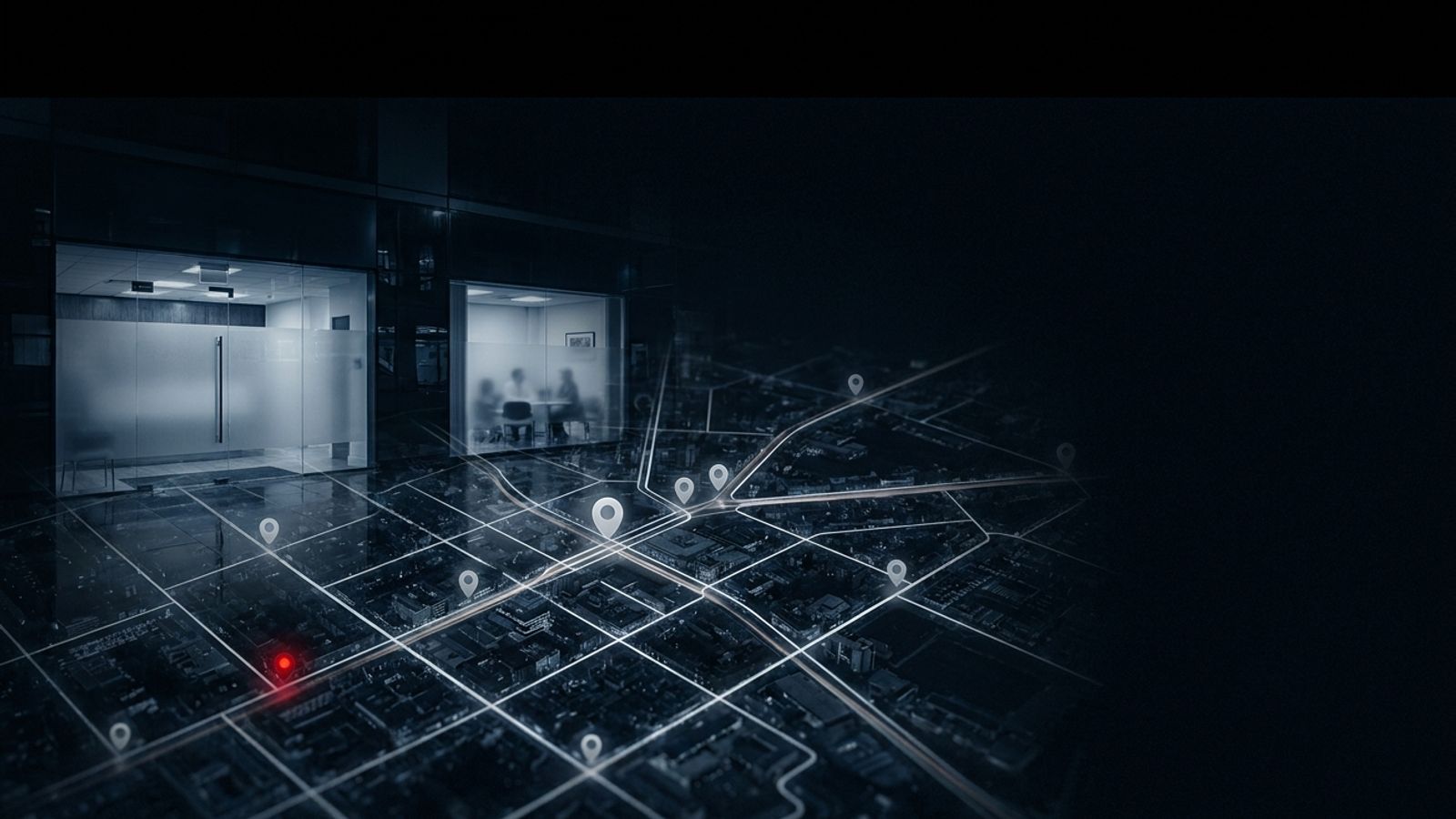 Dark city map with glowing local search location pins for medical clinics