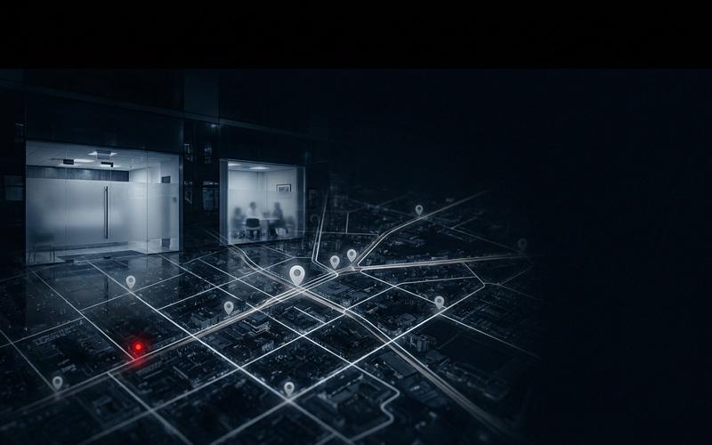Dark city map with glowing local search location pins for medical clinics