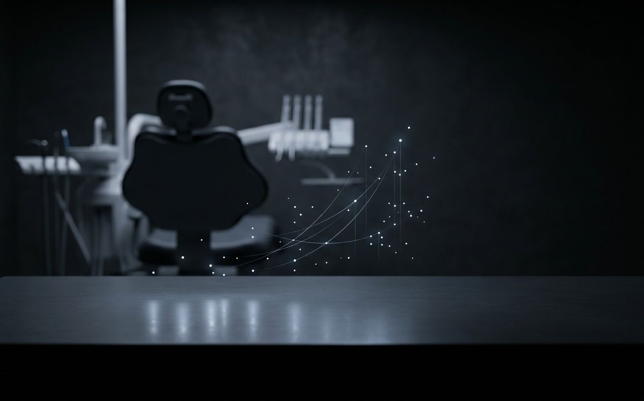 Dark dental clinic scene with subtle growth analytics light points