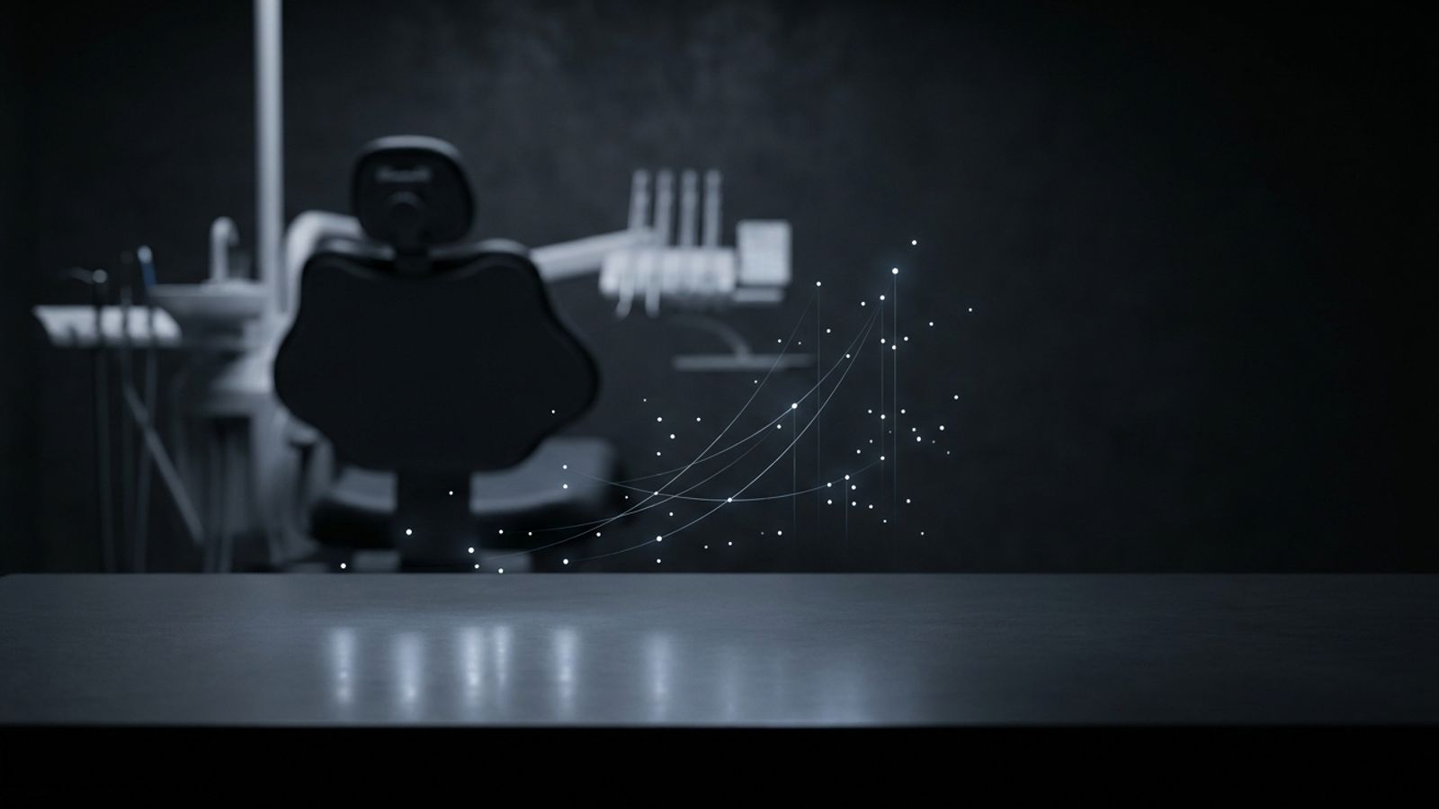 Dark dental clinic scene with subtle growth analytics light points