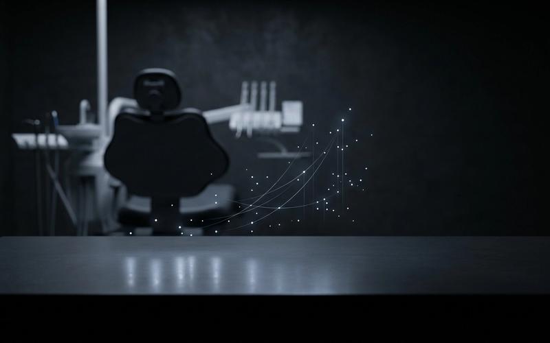 Dark dental clinic scene with subtle growth analytics light points
