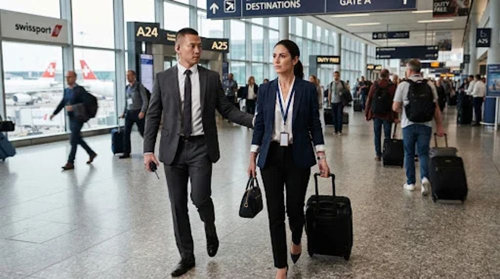 Close protection officer escorting an executive swiftly through airport terminal transit corridors