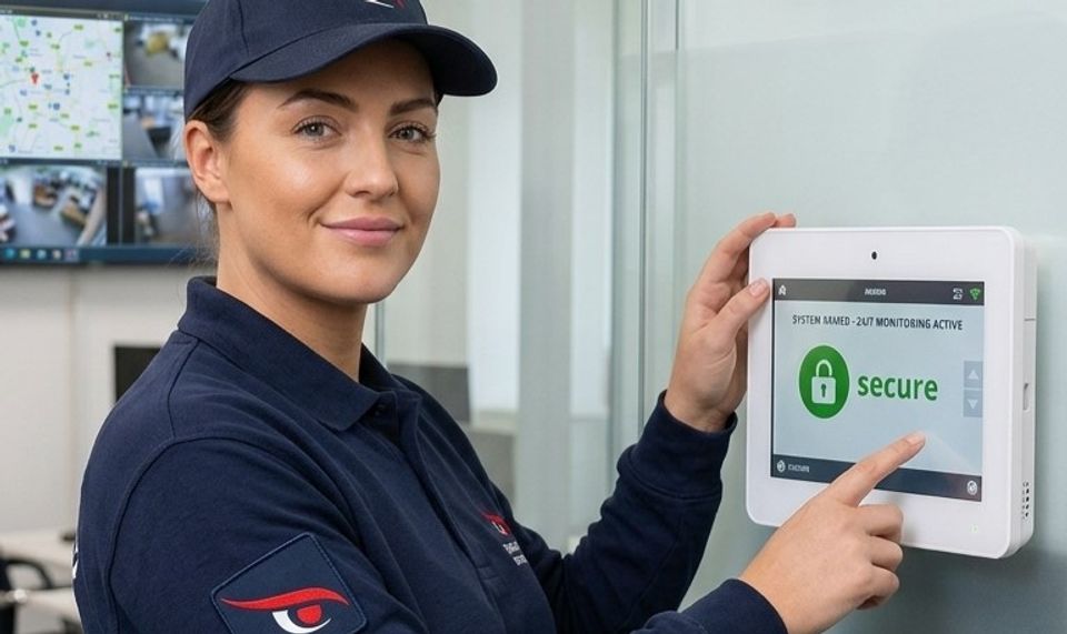 Vigilant technician arming a touchscreen intruder alarm panel in an office