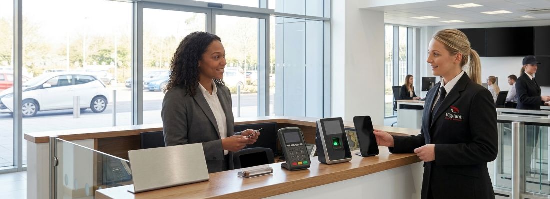 Vigilant security staff assisting visitors at an access-controlled reception