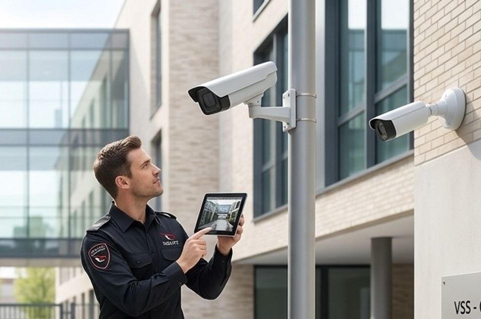 Engineer testing newly installed CCTV cameras on a tablet