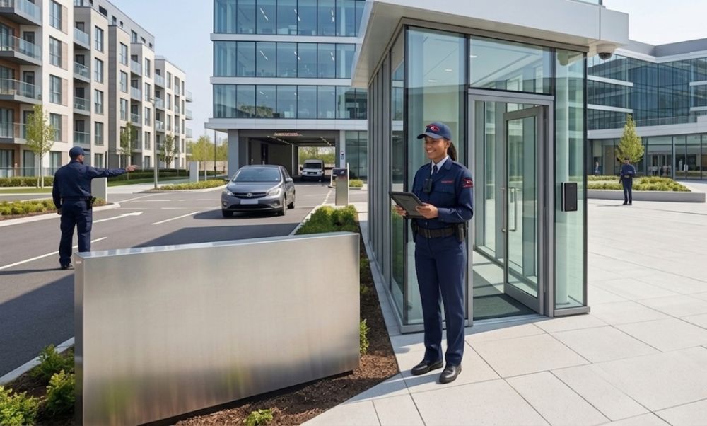 Security officer stationed at a glass gatehouse beside a vehicle entrance
