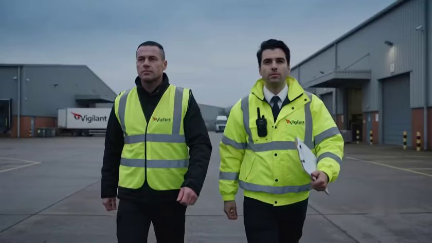 Two response officers in high-visibility jackets at a warehouse yard