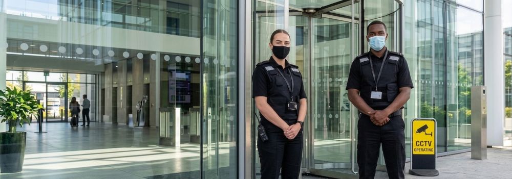 Two uniformed security officers on a fixed post at the revolving-door entrance of an office building