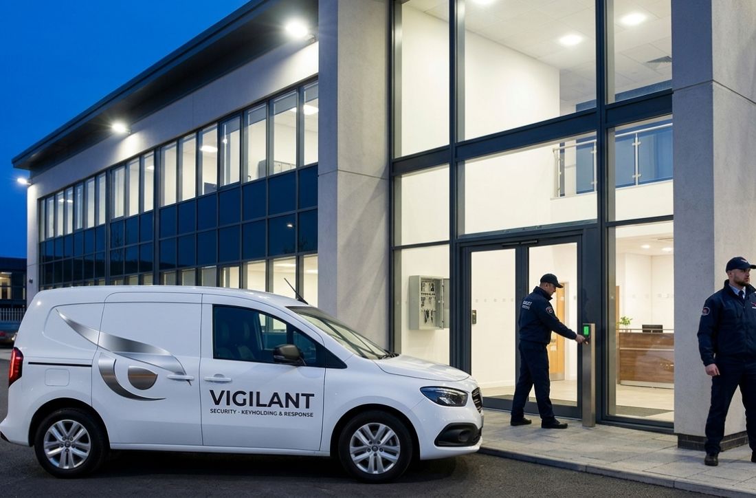 Vigilant response van outside a commercial building as officers secure the entrance