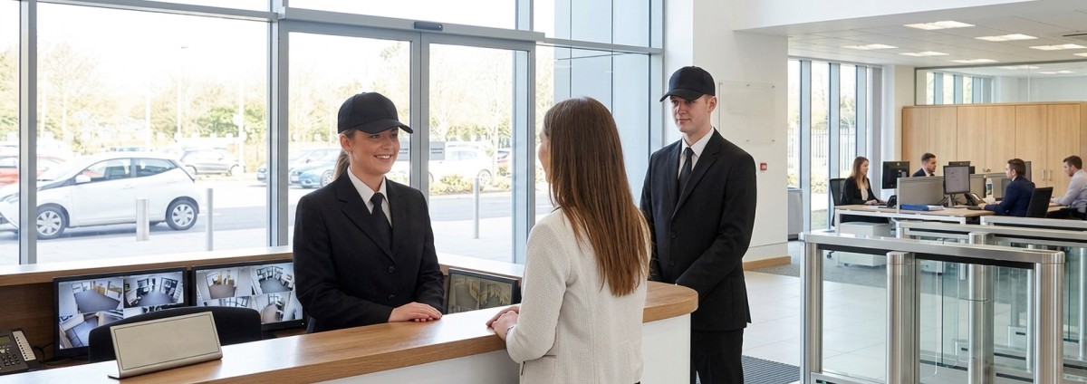 Front-of-house security officer greeting a visitor at an office reception desk