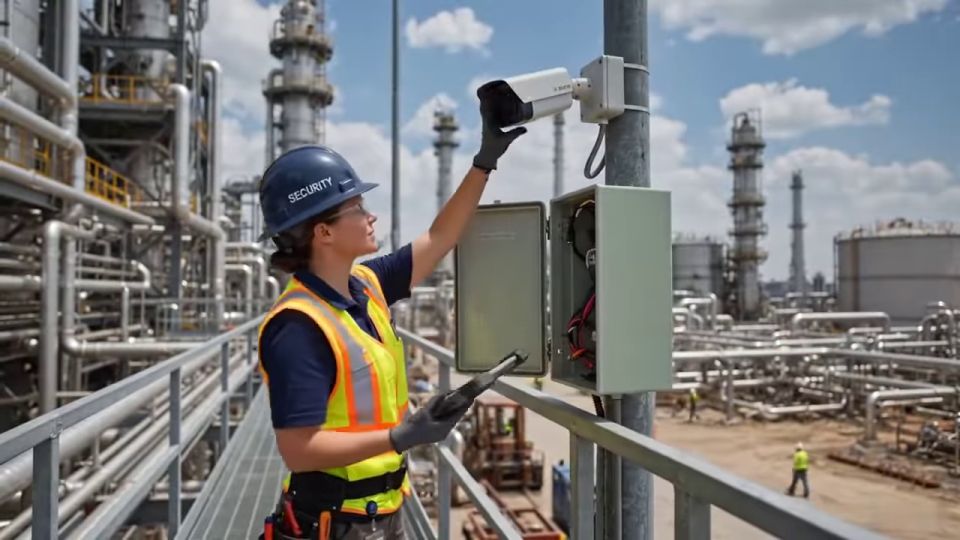 Security officer in a hard hat checking a camera point during a site assessment