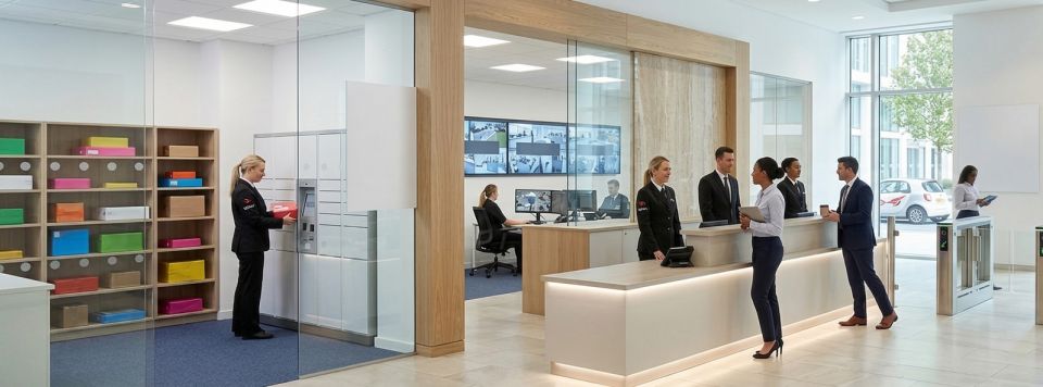 Front-of-house officers at a reception and mailroom desk in an office lobby