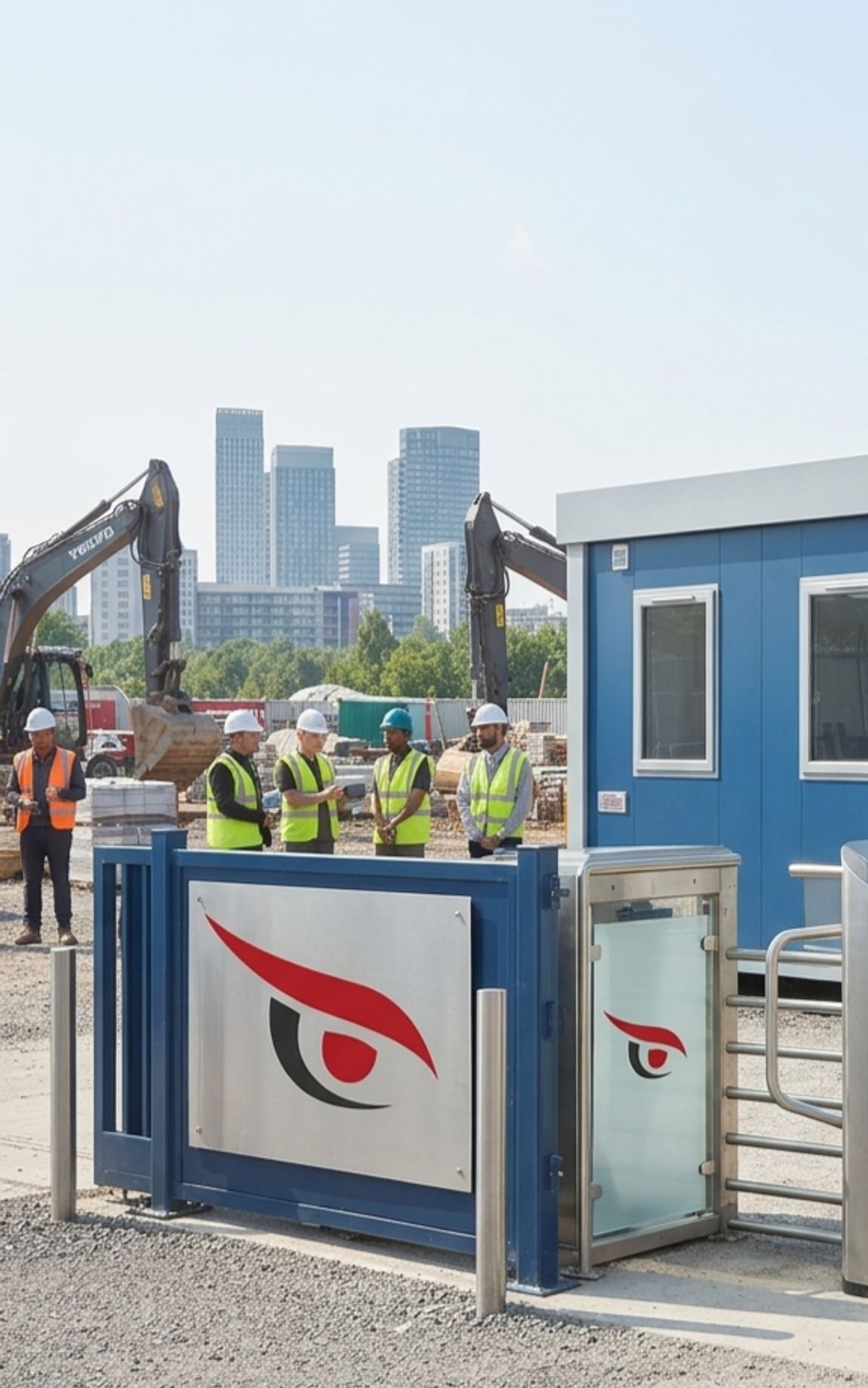 Security officer in a high-visibility vest at the turnstile entrance of a construction compound