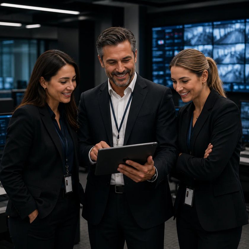 Discreetly dressed security team reviewing event plans on a tablet